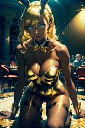 ai_generated artist_request blonde_hair blue_eyes blurry_background bunny_ears bunny_ears_headband bunnysuit card_table club cuffs_(clothing) dark_skin detached_collar expectant_look fake_bunny_tail glossy_lips gold_bunny_(floppyudon95) gold_bunnysuit gold_hair gold_high_heels gold_leotard hands_on_table kneeling kneeling_on_table long_hair looking_at_viewer original people_in_background shadows shirt_collar spotlight strapless_leotard wavy_hair white_stockings yellow_bowtie