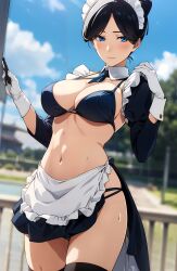 1girls ai_generated apron artist_request bare_midriff bikini black_hair bleach blue_eyes breasts female female_only gloves hair_bun highres katagiri_kanae maid maid_headdress navel solo source_request stable_diffusion swimsuit thighhighs unstable_diffusion white_gloves