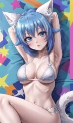 absurd_res ai_generated animal_ears bikini blue_eyes breasts cat_ears female fur furry ghostlydiffusion hi_res highres nipples short_hair solo virtual_youtuber vtuber white_body white_fur wolf_ears wolf_girl wolfychu youtube youtuber