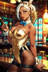 ai_generated ai_hands bar black_pantyhose blonde_hair blue_bowtie bowtie braided_ponytail bunny_ears bunny_girl bunnygirl bunnysuit comb_over cuff_links cuffs_(clothing) dark_skin detached_collar gold_bunny_(floppyudon95) gold_bunnysuit gold_leotard green_eyes hand_on_counter holding_cigarette latex leaning_on_counter mature mature_female original playboy_bunny shiny_skin shirt_collar skin_tight strapless_leotard white_hair