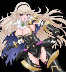 1girls alternate_costume angry armpits ass_visible_through_thighs bare_thighs black_background black_panties blonde_hair boots breasts cape cleavage cleavage_cutout corrin_(female)_(nohr_noble)_(fire_emblem) corrin_(fire_emblem) corrin_(fire_emblem)_(female) female female_only fighting_stance fire_emblem fire_emblem_fates fire_emblem_heroes gloves hairband inner_thighs large_breasts long_hair looking_at_viewer manga_sakuga_(precure) nintendo official_alternate_costume open_mouth panties pose red_eyes solo thigh_boots thighs torn_clothes underwear very_long_hair