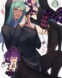 2girls ayase_mayoi blush braid breasts closed_eyes demon demon_girl demon_horns demon_tail ensemble_stars! genderswap_(mtf) green_hair heart highres horns kazehaya_tatsumi large_breasts lummy_yummy mole mole_under_eye multiple_girls nun purple_hair rule_63 spoken_heart tail wholesome yuri