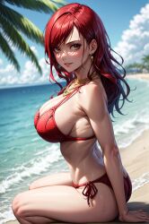 1girls ai_generated ass beach big_breasts bikini bikini_bottom bikini_top brown_eyes busty cleavage ear_piercing earrings erza_scarlet fairy_tail female female_focus female_only jewelry large_breasts light-skinned_female light_skin lips lipstick long_hair looking_at_viewer makeup nai_diffusion necklace ocean pale-skinned_female pale_skin pinup pose posing red_bikini red_bikini_bottom red_bikini_top red_hair red_lips red_lipstick red_swimsuit sideboob sitting solo solo_female solo_focus stable_diffusion sweat sweatdrop sweating swimsuit thick_thighs thighs toongenai voluptuous voluptuous_female