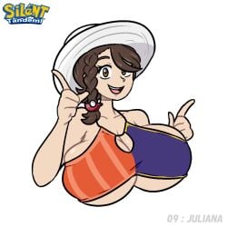 1girls alternate_breast_size big_breasts bikini_top boob_window breasts brown_eyes brown_hair female female_only hat huge_breasts juliana_(pokemon) large_breasts pokemon pokemon_sv sideboob silenttandem underboob