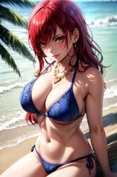 1girls ai_generated beach big_breasts bikini bikini_bottom bikini_top blue_bikini blue_bikini_bottom blue_bikini_top blue_panties brown_eyes busty cleavage ear_piercing earrings erza_scarlet fairy_tail female female_focus female_only jewelry kneeling large_breasts light-skinned_female light_skin lips lipstick long_hair looking_at_viewer makeup nai_diffusion necklace ocean on_knees pale-skinned_female pale_skin pinup pose posing red_hair red_lips red_lipstick sideboob solo solo_female solo_focus stable_diffusion swimsuit toned toned_female toongenai underboob voluptuous voluptuous_female wide_hips