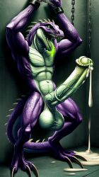 acrid ai_generated anthro balls chains claws cum huge_cock lizard risk_of_rain scalie solo solo_male