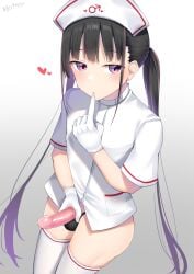 1boy 1femboy black_hair blush condom condom_on_penis crossdressing erection femboy femboy_only finger_to_mouth girly gloves gradient_hair hat heart highres kitajima_yuuki long_hair looking_at_viewer male male_focus male_only mars_symbol multicolored_hair nurse nurse_cap original otoko_no_ko penis print_headwear purple_eyes purple_hair shirt sidelocks solo solo_male thighhighs trap two-tone_hair very_long_hair white_gloves white_headwear white_shirt white_thighhighs