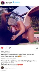 3d 3d_(artwork) all_fours bliss blowjob canine celebrity fake_screenshot female_on_top funny instagram interspecies knot nicki_minaj oral oral_sex outside relaxing vacation valanquarstudios zoophilia