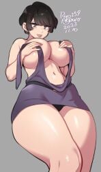 1girls big_breasts breasts dress huge_breasts no_bra original panties ryo_agawa short_hair solo thick_thighs thighs_together tongue_out very_short_hair