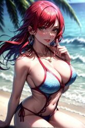 1girls ai_generated beach big_breasts bikini bikini_bottom bikini_top blue_bikini blue_swimsuit blush brown_eyes busty cleavage ear_piercing earrings erza_scarlet fairy_tail female female_focus female_only inner_sideboob jewelry kneeling large_breasts light-skinned_female light_skin lips lipstick long_hair looking_at_viewer makeup nai_diffusion necklace ocean on_knees one-piece_swimsuit pale-skinned_female pale_skin pinup pose posing red_hair red_lips red_lipstick sideboob solo solo_female solo_focus stable_diffusion swimsuit thick_thighs thighs toongenai voluptuous voluptuous_female