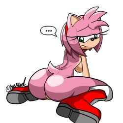 accessory amy_rose anthro ass big_breasts big_butt boots breasts clothing ellipsis eulipotyphlan female footwear fur genitals green_eyes hair_accessory hairband hedgehog hi_res looking_back magnum3000 mammal naked_footwear pink_body pink_fur pussy sega side_boob sitting solo sonic_(series) sonic_the_hedgehog_(series) speech_bubble