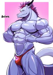 absurd_res anthro bulge clothing dragon hi_res ma5ka4nai male male/male mohawk muscular rangstrom solo thong transformation underwear weight_gain