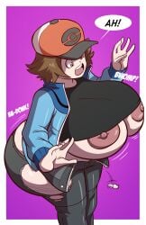 1boy ass_bigger_than_head ass_expansion axel-rosered breast_expansion breasts_bigger_than_head busty_boy gender_transformation hat hilbert_(pokemon) hourglass_expansion huge_ass huge_breasts male nipples onomatopoeia pokemon pokemon_bw rule_63 shirt speech_bubble surprised wardrobe_malfunction