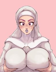 1girl 1girls breasts cum cum_in_mouth cum_on_breasts cum_on_face cum_through_clothes dressed female hot_pants_(jjba) human jojo's_bizarre_adventure larsson_(artist) light-skinned_female light_skin lipstick nun paizuri paizuri_lead_by_female paizuri_under_clothes pink_eyes pink_hair pov short_hair shounen_jump steel_ball_run straight textless yurilarsson