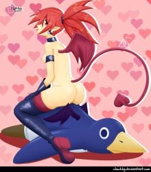 :p ass boots breasts clouddg completely_nude completely_nude_female disgaea disgaea_1 earrings etna gloves nippon_ichi_software prinny red_eyes red_hair sitting sitting_on_person succubus succubus_tail succubus_wings tongue_out topless topless_female