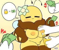 :3 antennae_(anatomy) bee bee_girl big_breasts breasts closed_eyes dollar_bills female flower heart honey honey_lactation lactating_honey lactating_in_glass lactation money nipples original pussy shortstack speech_bubble tagme thick_thighs tonytoran wings