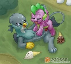 1boy 1girls 2019 avian beak chest_tuft cub dragon eyelashes female food friendship_is_magic fur gabby_(mlp) green_body green_fur gryphon hasbro ice_cream long_tail male male/female multi_nipple my_little_pony nipples patreon_logo patreon_url paws penis purple_body purple_skin pussy sex smile smudge_proof spike_(mlp) spikes tail url wings young