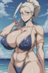 ai_generated beach beach_background big_areola big_breasts big_thighs bikini blue_bikini buddha_(shuumatsu_no_valkyrie) deity genderswap_(mtf) glasses kunaboto_(style) milfsexyrp public_domain record_of_ragnarok rule_63 shuumatsu_no_valkyrie white_hair