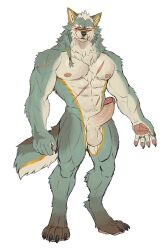 abs anthro balls biceps big_penis biped canid canine canis claws erection fangs fur genitals green_body green_fur hi_res humanoid_genitalia humanoid_penis looking_at_viewer male mammal muscular muscular_anthro muscular_male nipples nude pawpads paws pecs penis rossciaco scar simple_background solo standing tail teeth toe_claws tuft were werecanid werecanine werewolf white_background white_body white_fur wolf