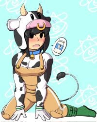 1boy black_eyes black_hair blush cow_print cow_tail cowbell helmet lactation_through_clothes large_pectorals male male_lactation male_only mario_kart mii mii_brawler nipple_bulge on_hands_and_knees racing_suit solo super_smash_bros. xenondotexe_(artist)