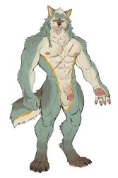 abs anthro balls biceps biped canid canine canis claws fangs flaccid fur genitals green_body green_fur hi_res humanoid_genitalia humanoid_penis looking_at_viewer male mammal muscular muscular_anthro muscular_male nipples nude pawpads paws pecs penis rossciaco scar simple_background solo standing tail teeth toe_claws tuft were werecanid werecanine werewolf white_background white_body white_fur wolf