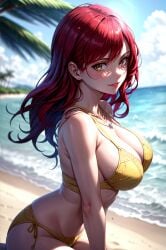 1girls ai_generated ass beach big_breasts bikini bikini_bottom bikini_top brown_eyes busty cleavage ear_piercing earrings erza_scarlet fairy_tail female female_focus female_only gold_bikini gold_bikini_bottom gold_bikini_top gold_swimsuit inner_sideboob jewelry kneeling large_breasts light-skinned_female light_skin lips lipstick long_hair looking_at_viewer makeup nai_diffusion necklace ocean on_knees pale-skinned_female pale_skin pinup pose posing red_hair red_lips red_lipstick sideboob solo solo_female solo_focus stable_diffusion swimsuit thick_thighs thighs toongenai voluptuous voluptuous_female yellow_bikini yellow_bikini_bottom yellow_bikini_top yellow_swimsuit