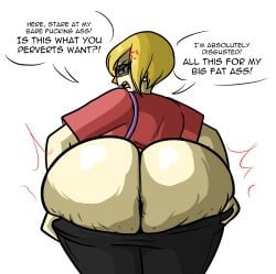 angry angry_face annoyed annoyed_expression blonde_hair clothed english_text facing_away fat_ass female huge_ass karen light_skin max1mus no_panties original_character pants_down talking_to_viewer text thick_thighs wide_hips