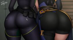 ass ass_focus back back_view big_ass big_butt butt_focus duo duo_female duo_focus female female/female female_focus female_only hips jolygold69_(artist) latex latex_suit lesbian_couple reyna_(valorant) take_your_pick thick thick_ass thick_hips valorant viper_(valorant)