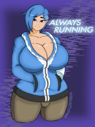 big_breasts blue_eyes blue_hair boob_window cleavage clothed female female_only glitch_productions havetoplay hoodie huge_breasts meta_runner no_bra smg4 tari_(smg4)