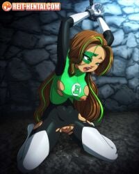 after_rape arms_up big_breasts brown_hair dc dc_comics dc_super_hero_girls female green_lantern jessica_cruz kneeling legs_apart long_hair open_mouth reit tagme tied_up torn_bodysuit torn_clothes watermark