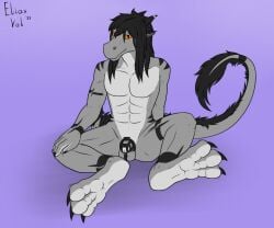 2022 3_toes 5_fingers abs anthro artist_name ball_tuft balls belly black_hair black_markings bodily_fluids chastity_cage chastity_device claws dragon eliasvol feet fingers flat_colors foot_focus front_view fur furred_dragon furred_tail genital_fluids genitals grey_body hair hand_behind_back hand_on_knee hand_on_leg horn long_hair looking_at_viewer male markings muscular nude orange_eyes penis precum pupils simple_background sitting slit_pupils smile solo spread_legs spreading tan_belly toe_claws toes tuft zellis_(eliasvol)