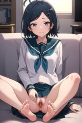 1girls ai_generated black_hair feet female female_only hikigaya_komachi human kagura_aiart my_teen_romantic_comedy_snafu no_panties presenting_pussy purple_eyes solo