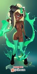 3d bikini black_bikini breasts brown_skin brown_skinned_female crisisbeat dark_skin gloves green_nipples looking_at_viewer marina_(splatoon) nintendo octoling smile smiling solo solo_female splatoon swimsuit tentacle_hair video_games