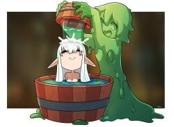 1boy 1girls bathing closed_eyes elf female goo_creature green_body kinkymation long_hair male monster monster_princess_(kinkymation) original pointy_ears slime white_hair wholesome