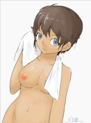 blue_eyes breasts brown_hair dark-skinned_female dark_skin female girls_und_panzer kamonabe_(sodosodobanban) large_breasts looking_at_viewer navel nipples nude short_hair solo suzuki_(girls_und_panzer) towel towel_around_neck