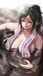 1girls alcohol bbw boobs breasts chubby chubby_female closed_eyes commission covered_nipples cup female_pubic_hair green_eyes green_hair highres inko_midoriya large_breasts long_hair midoriya_inko milf my_hero_academia naked_towel nipples onsen pixiv_commission ponytail pubes pubic_hair sakazuki sake see-through solo tied_hair tits towel towel_around_neck tummy water wet_towel