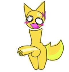 aimkid_(copyright) big_ass big_penis big_tail blush cat_ears femboy fluffy_tail furry penis precum shocked shocked_expression tail white_background yellow_body yellow_fur yellow_skin