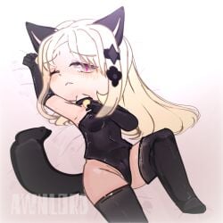 awnawn awnlord blonde_hair blue_eyes cat_ears cat_suit cat_tail catgirl gacha gacha_club gacha_heat gacha_life laying_down laying_on_bed nipples_visible_through_clothing one_hand_on_breast one_leg_up pussy_through_clothing winking