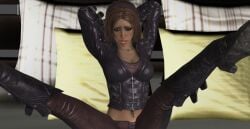 1girls animated assassin batman:_arkham_city batman_(series) dc dc_comics jiggling_breasts laying_on_back leather_jacket leather_pants seductive_look talia_al_ghul talia_al_ghul_(arkham_city)