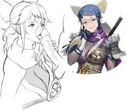 1girls alternate_costume artist_kiwi bangs blue_hair breasts cleavage fellatio female female_focus fire_emblem fire_emblem_fates fire_emblem_heroes fishnets large_breasts long_hair male ninja nintendo official_alternate_costume oral penis ponytail reina_(fire_emblem) reina_(ninja)_(fire_emblem) scar scarf smile solo_focus tongue tongue_out