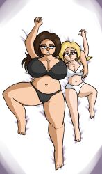 2girls bed black_bra black_panties full_body large_breasts laying_down lily_(max1mus) max1mus multiple_girls naomi_(max1mus) original size_difference thick_thighs underwear white_bra white_panties