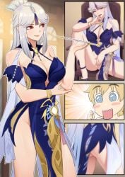 1boy 1girls aether_(genshin_impact) alternate_costume big_breasts blonde_hair color comic_page drawing genshin_impact grey_hair hiding_pussy mezzo_(orbanga21) mihoyo ningguang_(genshin_impact) ningguang_(orchid's_evening_gown)_(genshin_impact) no_bra no_panties official_alternate_costume red_eyes suggestive_look