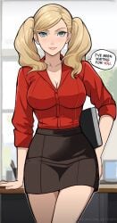 1girls ann_takamaki atlus blonde_hair breasts dialogue english_text female large_breasts lepypepy light-skinned_female long_hair office_lady persona persona_5 thick_thighs twintails