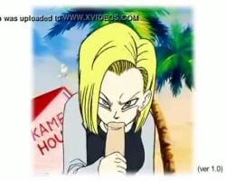 android_18 animated blowjob cum cum_in_mouth deepthroat dragon_ball dragon_ball_z female kame_house mp4 outside sound swallowing_cum video