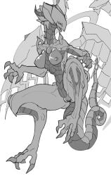 4_wings anthro blue-eyes_abyss_dragon breasts claws dragon duel_monster feet female genitals hi_res horn konami long_tail monochrome multi_wing nipples pussy sharp_teeth solo tail teeth thick_thighs toes wings yamabat yu-gi-oh!