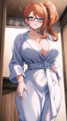 1girls ai_generated breasts female game_freak glasses hi_res huge_breasts kimono light-skinned_female light_skin long_hair nintendo open_kimono orange_hair pokemon pokemon_ss side_ponytail sonia_(pokemon) stable_diffusion stuffyai