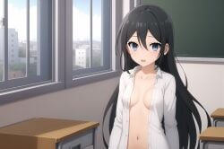 ai_generated black_hair blue_eyes classroom female female hair_between_eyes horimiya long_hair medium_breasts nude open_clothes open_shirt sawada_honoka stable_diffusion tagme white_shirt