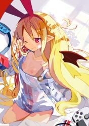 breasts disgaea disgaea_1 flonne flonne_(fallen_angel) joycon_controller miyakawa106 nippon_ichi_software no_bra playstation_controller waking_up