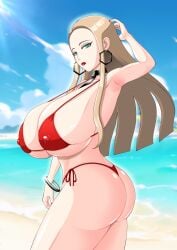 1girls beach bikini blonde_hair breasts earrings female game_freak green_eyes huge_breasts light-skinned_female light_skin lipstick long_hair nintendo nipple_bulge oleana_(pokemon) pokemon pokemon_ss red_lipstick s.forest thick_thighs