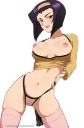 1girls animanghayodraw breasts censored cowboy_bebop faye_valentine female green_eyes gun hairband highres human large_breasts lipstick makeup navel nipples pale-skinned_female pale_skin purple_hair pussy short_hair simple_background solo weapon white_background wide_hips yellow_hairband